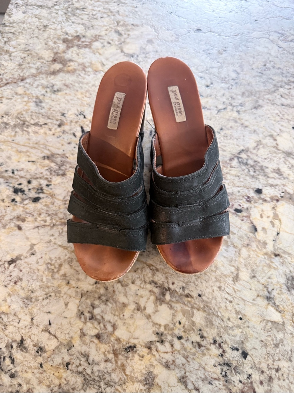 Paul Green Black Leather Strappy Slide Mules